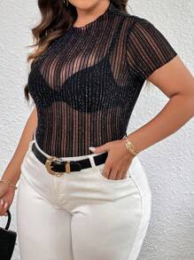 SHEIN Essnce Plus Striped Pattern Sheer Mesh Top Without Bra