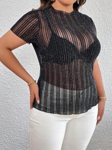 SHEIN Essnce Plus Striped Pattern Sheer Mesh Top Without Bra