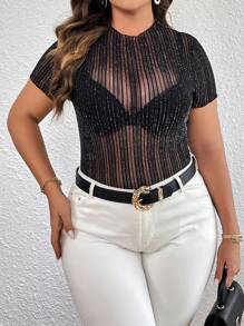 SHEIN Essnce Plus Striped Pattern Sheer Mesh Top Without Bra