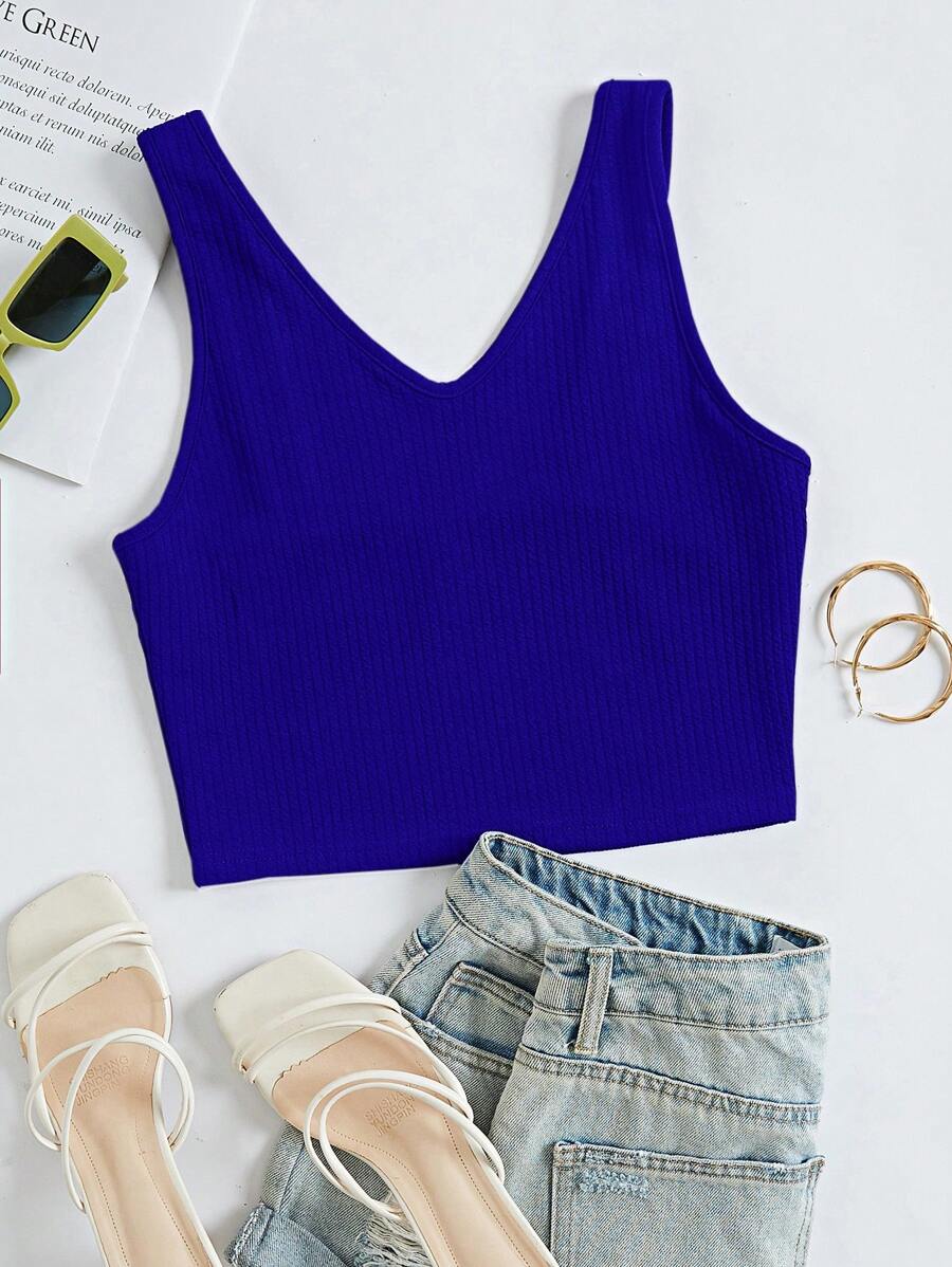 SHEIN Essnce 素色條紋針織短款背心 - 藍色 - 查看 1