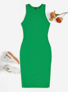 SHEIN EZwear 素色條紋針織背心連衣裙 - 綠色 - 查看 1