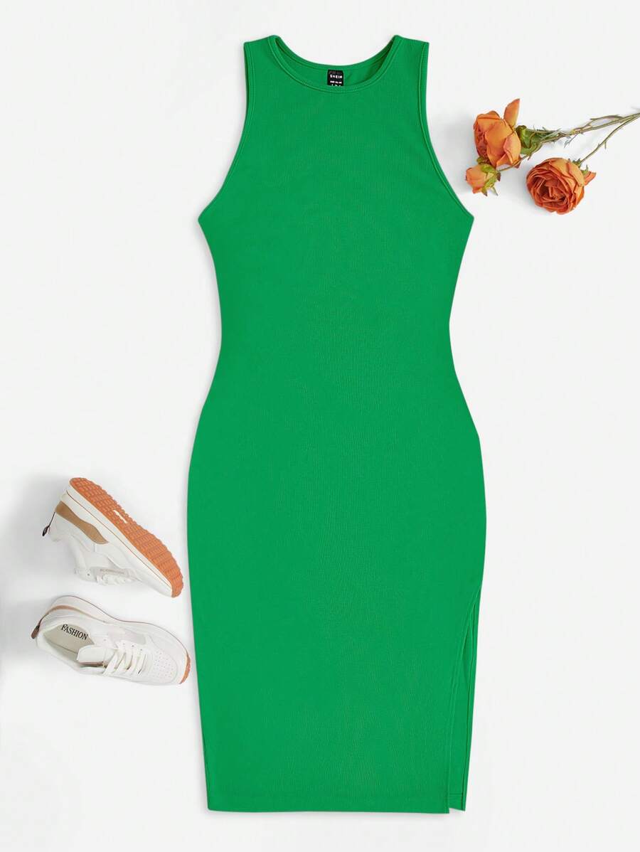 SHEIN EZwear 素色條紋針織背心連衣裙 - 綠色 - 查看 1