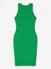 SHEIN EZwear 素色條紋針織背心連衣裙 - 綠色 - 查看 2
