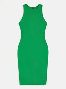 SHEIN EZwear 素色條紋針織背心連衣裙 - 綠色 - 查看 3
