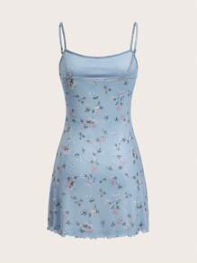 SHEIN EZwear Ditsy Floral Print Lettuce Trim Cami Dress
