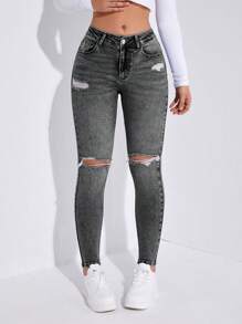 Ripped Skinny Jeans - Dark Grey - View 1
