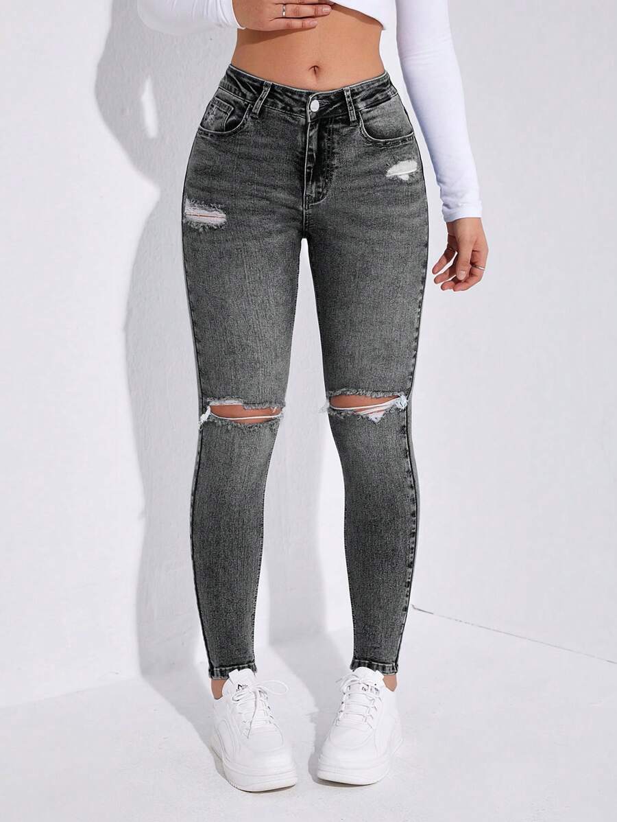 Ripped Skinny Jeans - Dark Grey - View 1