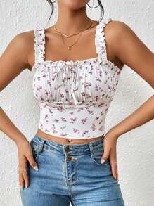 SHEIN Frenchy 碎花褶邊前繫帶吊帶上衣 - 白色 - 查看 1