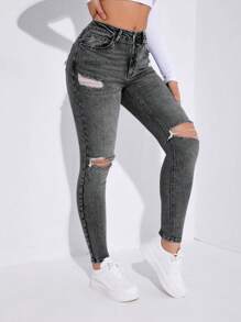 Ripped Skinny Jeans - Dark Grey - View 3
