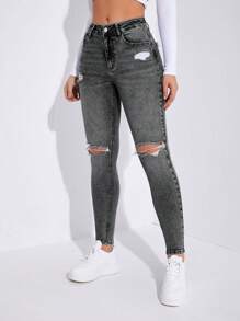 Ripped Skinny Jeans - Dark Grey - View 4