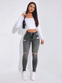Ripped Skinny Jeans - Dark Grey - View 5