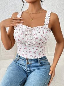 SHEIN Frenchy 碎花褶邊前繫帶吊帶上衣 - 白色 - 查看 4
