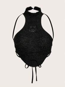 SHEIN ICON Animal Sequin Asymmetrical Hem Crop Fuzzy Halter Top - Black - View 3