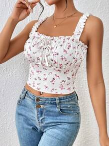 SHEIN Frenchy 碎花褶邊前繫帶吊帶上衣 - 白色 - 查看 5