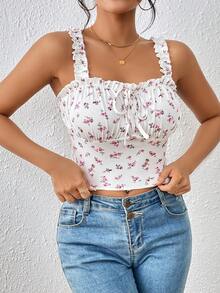 SHEIN Frenchy 碎花褶邊前繫帶吊帶上衣 - 白色 - 查看 6
