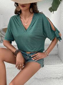 SHEIN Frenchy Chất rắn Tách tay áo Knot Cuff Áo thun - màu xanh lá - Xem 1