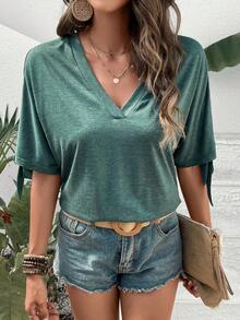 SHEIN Frenchy Chất rắn Tách tay áo Knot Cuff Áo thun - màu xanh lá - Xem 3