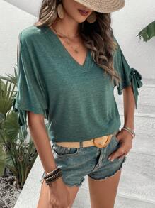 SHEIN Frenchy Chất rắn Tách tay áo Knot Cuff Áo thun - màu xanh lá - Xem 5