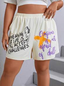 SHEIN Coolane Hơn Đồ họa Khẩu hiệu Túi nghiêng Quần short - Màu be - Xem 1