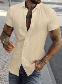 Manfinity Homme 男士素色前排扣襯衫 - 杏色 - 查看 1