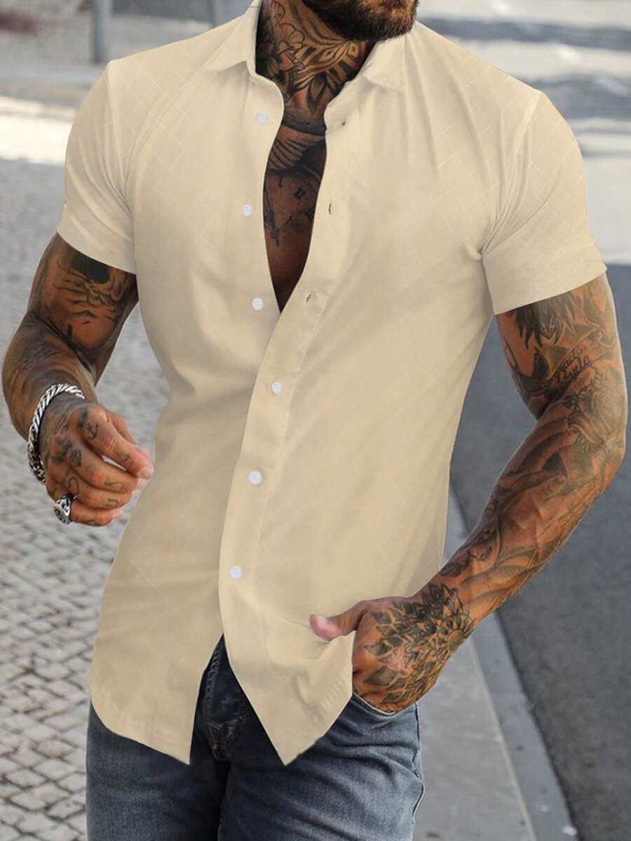 Manfinity Homme 男士素色前排扣襯衫 - 杏色 - 查看 1