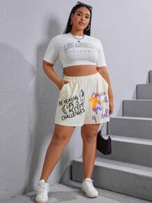 SHEIN Coolane Hơn Đồ họa Khẩu hiệu Túi nghiêng Quần short - Màu be - Xem 3