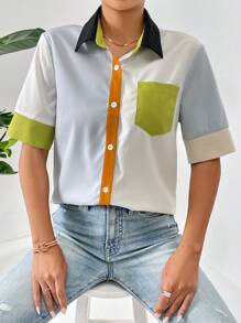 SHEIN Essnce Colourblock Patched Pocket Shirt - Multicolor - View 1