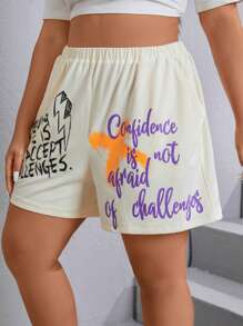 SHEIN Coolane Hơn Đồ họa Khẩu hiệu Túi nghiêng Quần short - Màu be - Xem 5