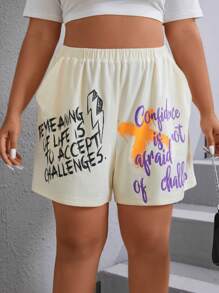 SHEIN Coolane Hơn Đồ họa Khẩu hiệu Túi nghiêng Quần short - Màu be - Xem 6