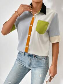 SHEIN Essnce Colourblock Patched Pocket Shirt - Multicolor - View 5