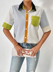 SHEIN Essnce Colourblock Patched Pocket Shirt - Multicolor - View 6