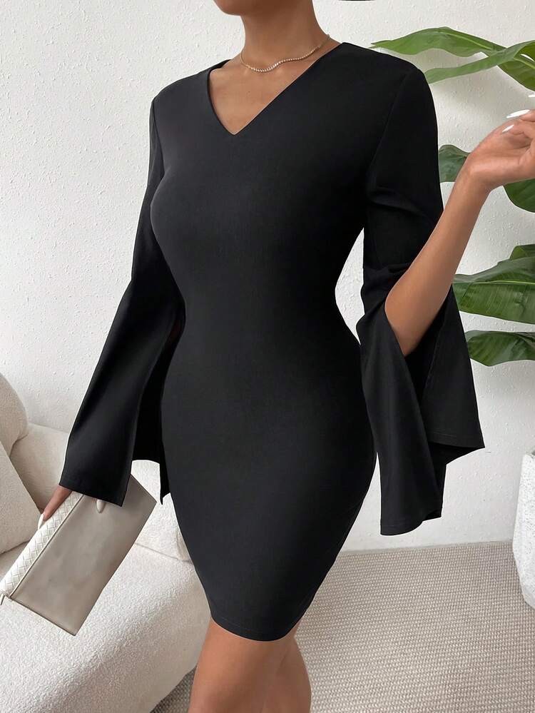 SHEIN Privé 開衩袖緊身連衣裙 - 黑色 - 查看 3