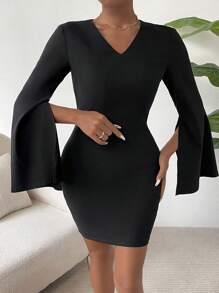 SHEIN Privé Tách tay áo Váy bodycon - màu đen - Xem 2