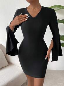 SHEIN Privé Tách tay áo Váy bodycon - màu đen - Xem 6