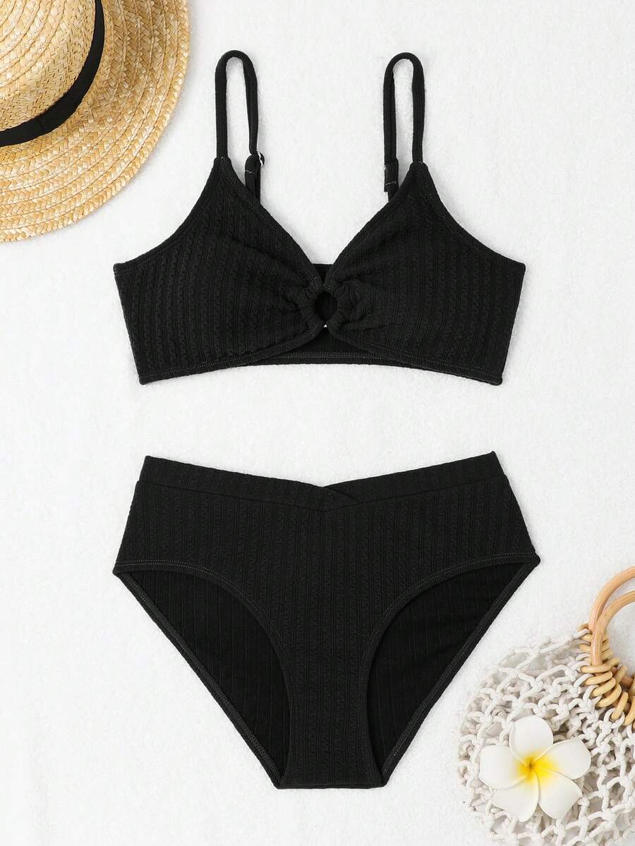 Teen Girl Solid Ring Linked Bikini Set Summer Beach | SHEIN USA
