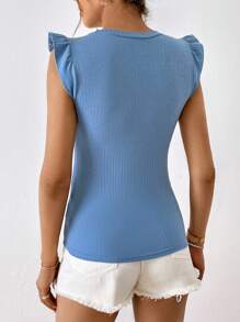 SHEIN Privé 紐扣細節荷葉邊條紋針織T恤 - 藍色 - 查看 2