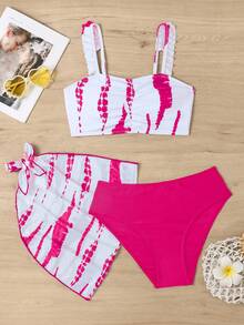 少女扎染荷叶边比基尼套装 配沙滩裙 夏日海滩 - 彩色 - 查看 5