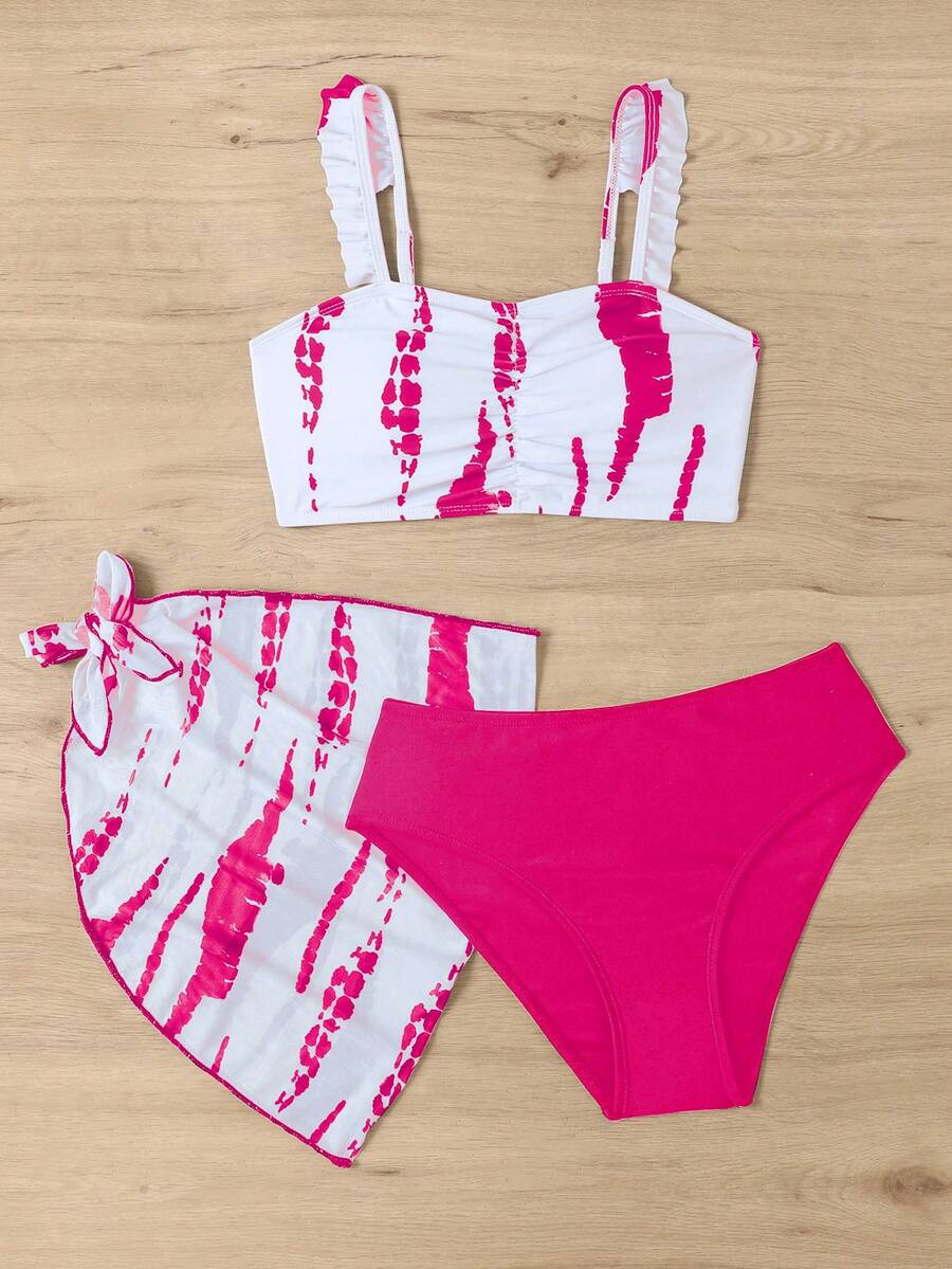 少女扎染荷叶边比基尼套装 配沙滩裙 夏日海滩 - 彩色 - 查看 1