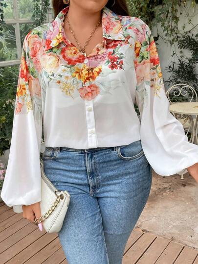 Vionelle Plus Floral Print Lantern Sleeve Shirt