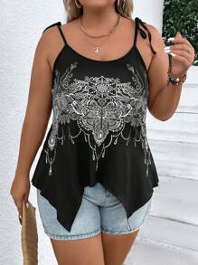 SHEIN LUNE Hơn In Toàn bộ Cà vạt vai Viền không đối xứng Cami ngọn - màu đen - Xem 1