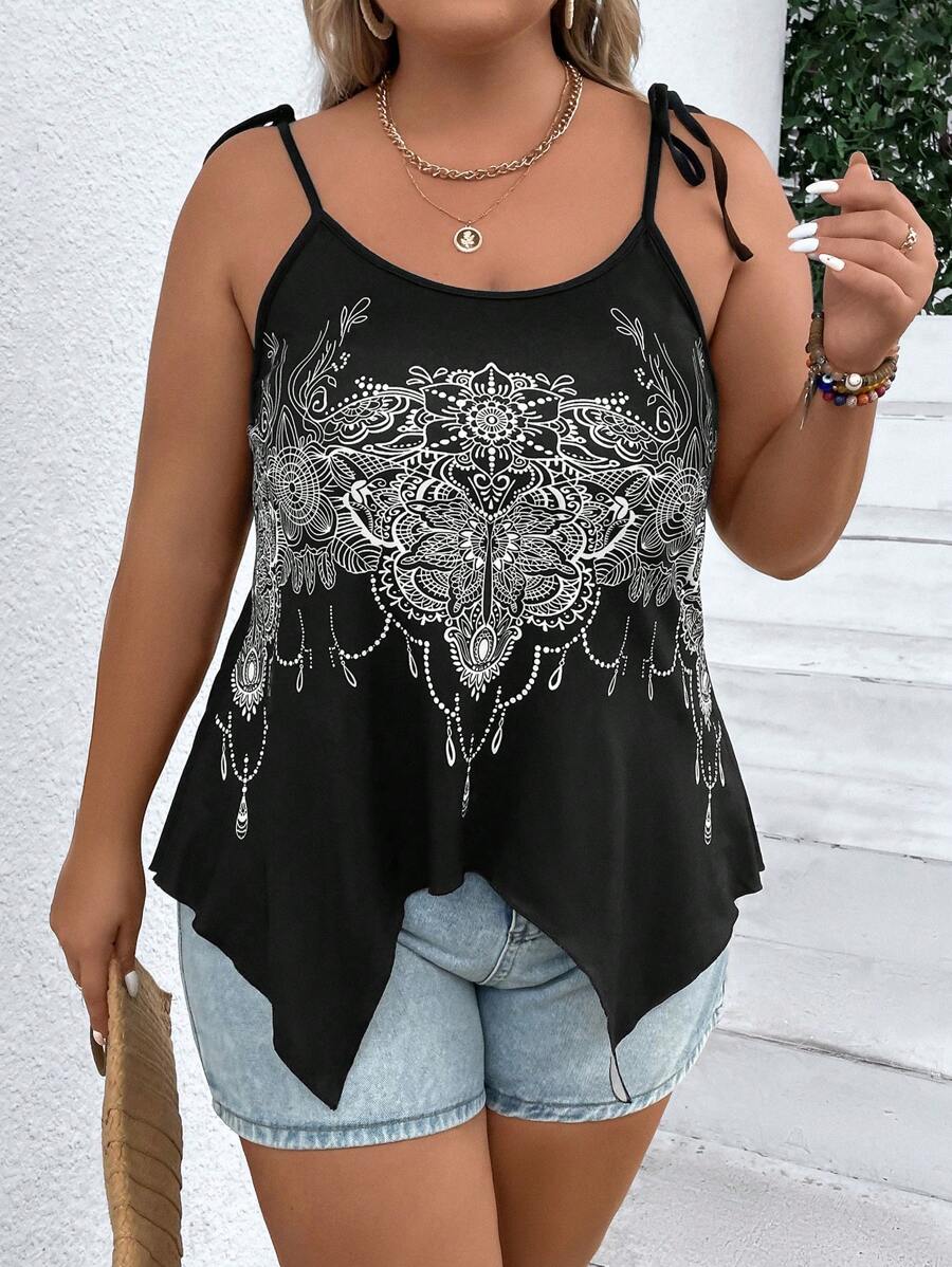 SHEIN LUNE Hơn In Toàn bộ Cà vạt vai Viền không đối xứng Cami ngọn - màu đen - Xem 1