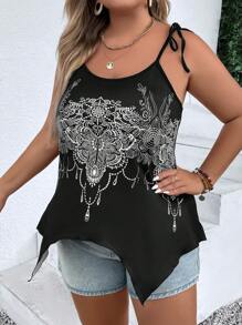 SHEIN LUNE Hơn In Toàn bộ Cà vạt vai Viền không đối xứng Cami ngọn - màu đen - Xem 3