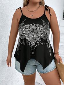 SHEIN LUNE Hơn In Toàn bộ Cà vạt vai Viền không đối xứng Cami ngọn - màu đen - Xem 7