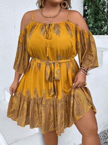 SHEIN Clasi Plus Paisley Print Cold Shoulder Ruffle Hem Belted Dress - Yellow - View 3