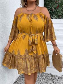 SHEIN Clasi Plus Paisley Print Cold Shoulder Ruffle Hem Belted Dress - Yellow - View 6