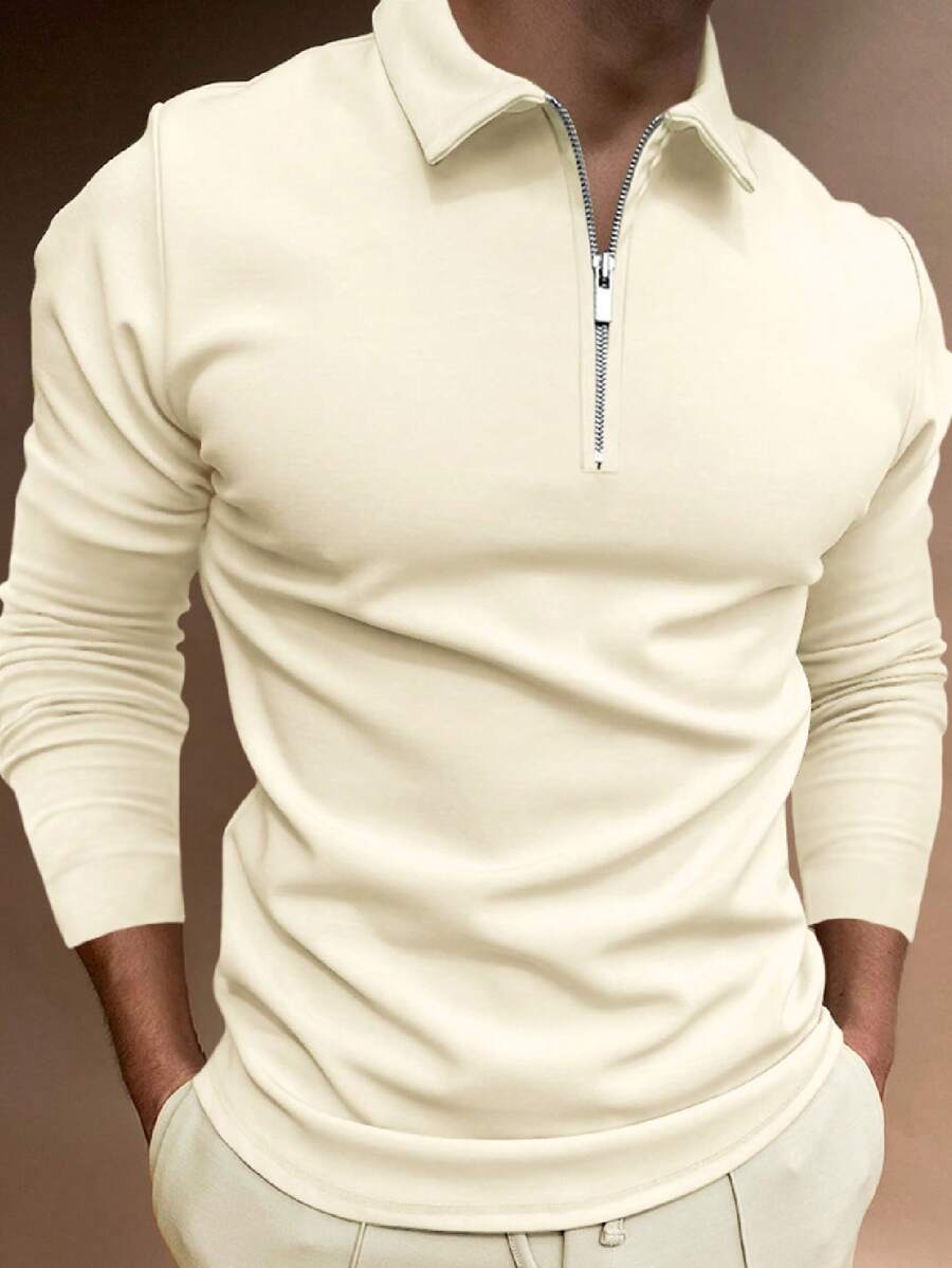 Manfinity Homme 男士四分之一拉鍊款式翻領純色工作商務休閒毛衣,適用於男友禮物 - 杏色 - 查看 1