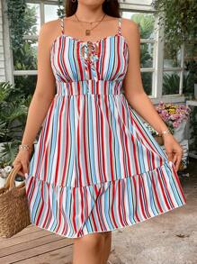 SHEIN Holidaya 大碼條紋印花前繫帶荷葉邊吊帶連衣裙 - 紅色 - 查看 5