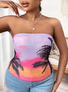 SHEIN SXY Hơn Bản in nhiệt đới Ống ngọn - Nhiều màu - Xem 1