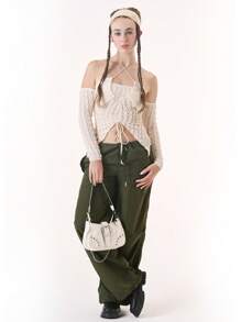 SHEIN ICON Drawstring Ruched Front Textured Top - Beige - View 1