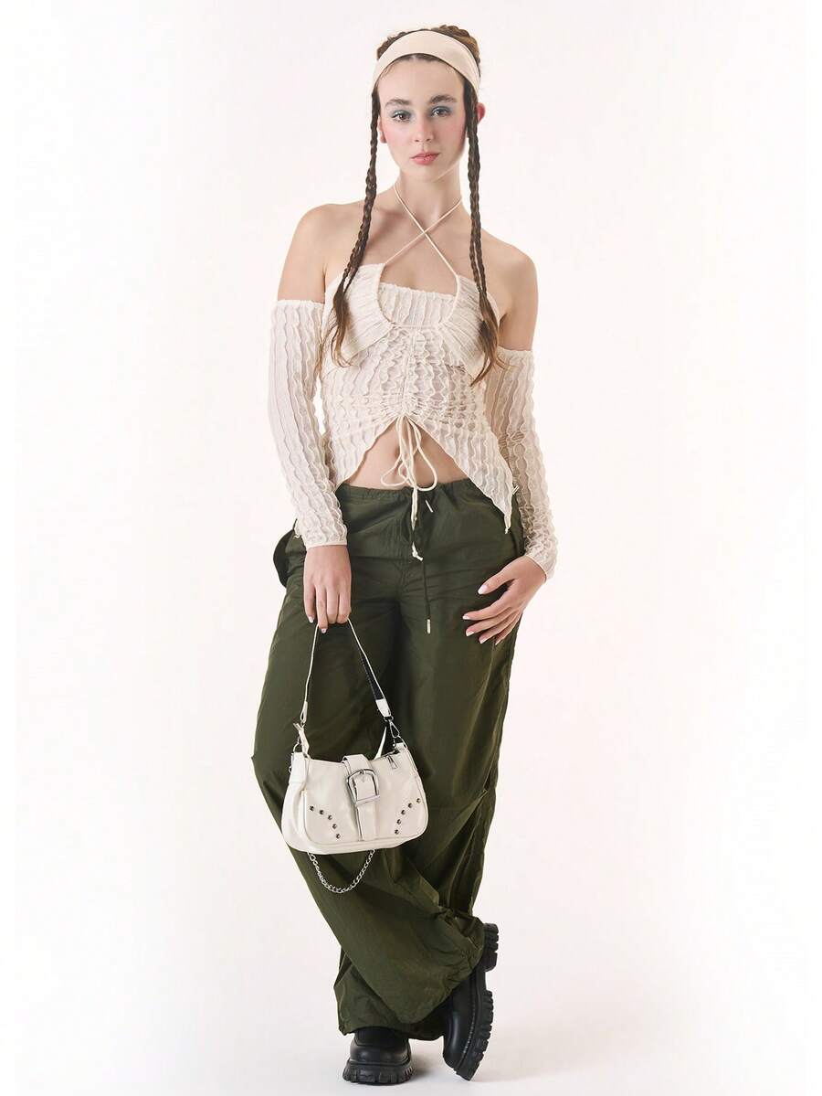 SHEIN ICON Drawstring Ruched Front Textured Top - Beige - View 1